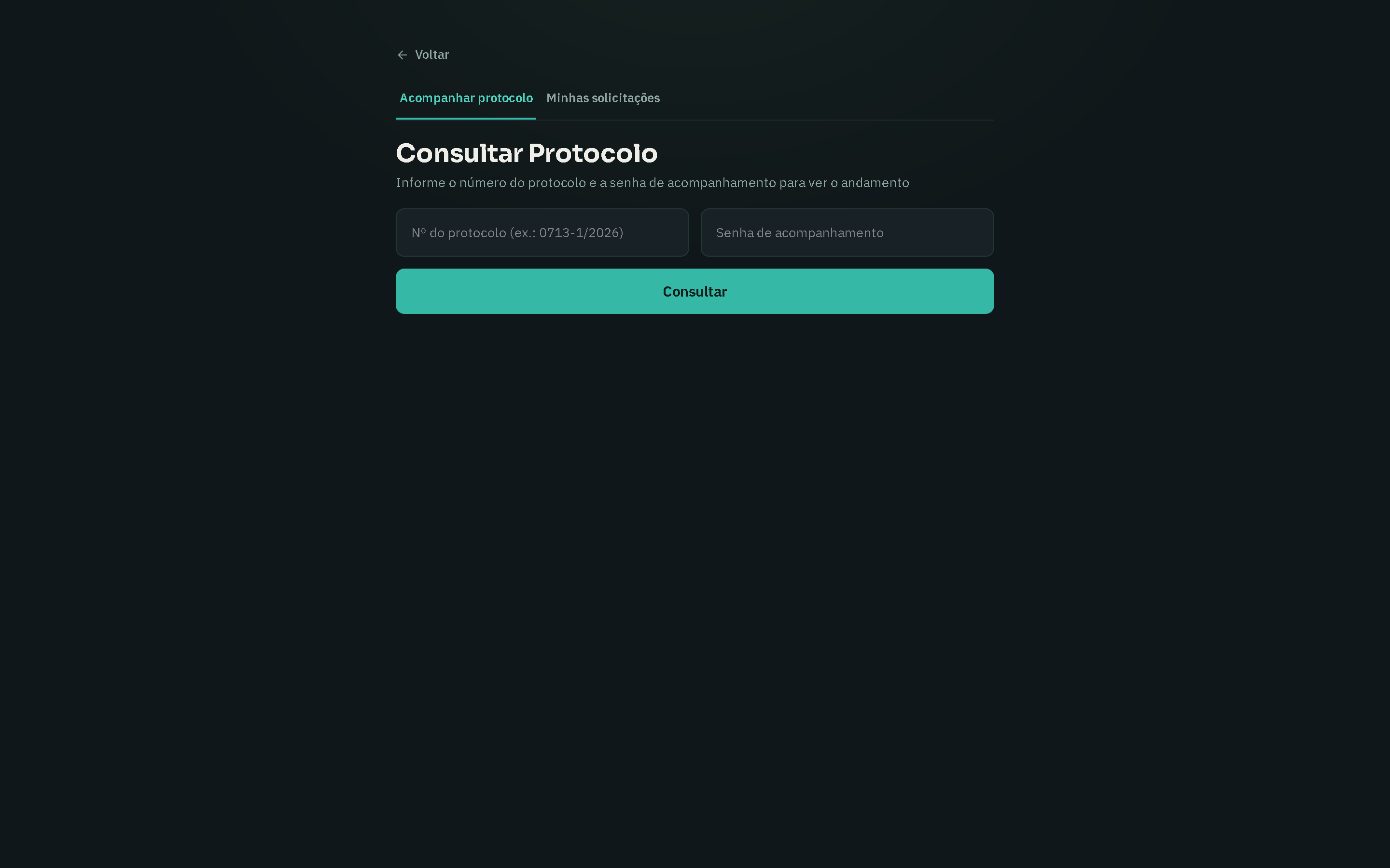 Portal de consulta pública: o cidadão informa o número do protocolo e a senha para acompanhar o processo.